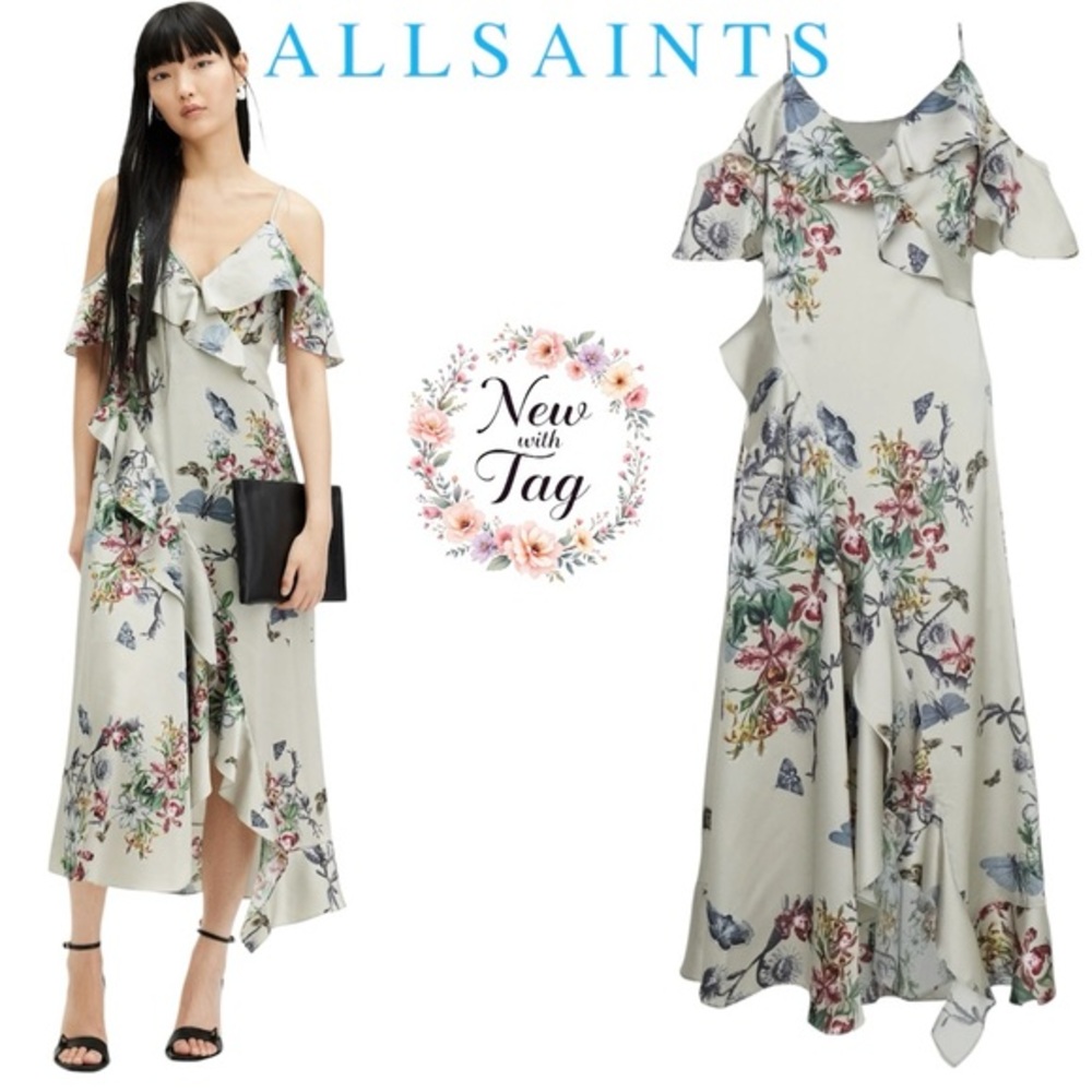 All Saints Blue and Cream Asymmetrical Dress with Flutter Sleeves